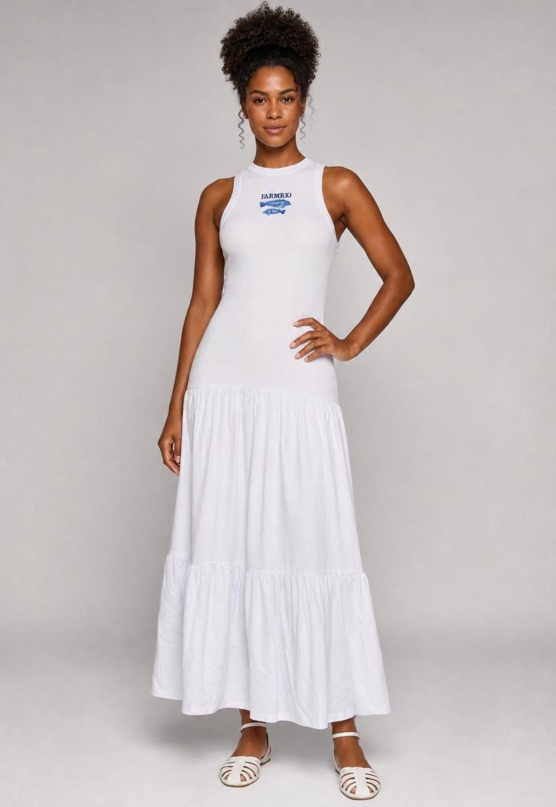 Vestido Longo FARM Ajustado Saia em Camadas Branco