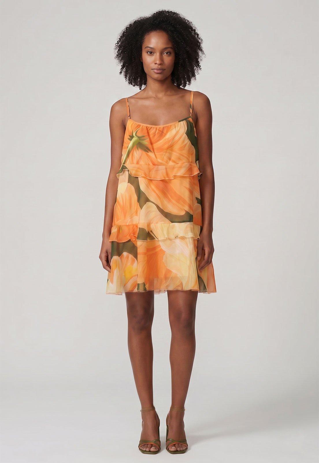 Vestido FARM Alças Finas Estampado Floral Laranja