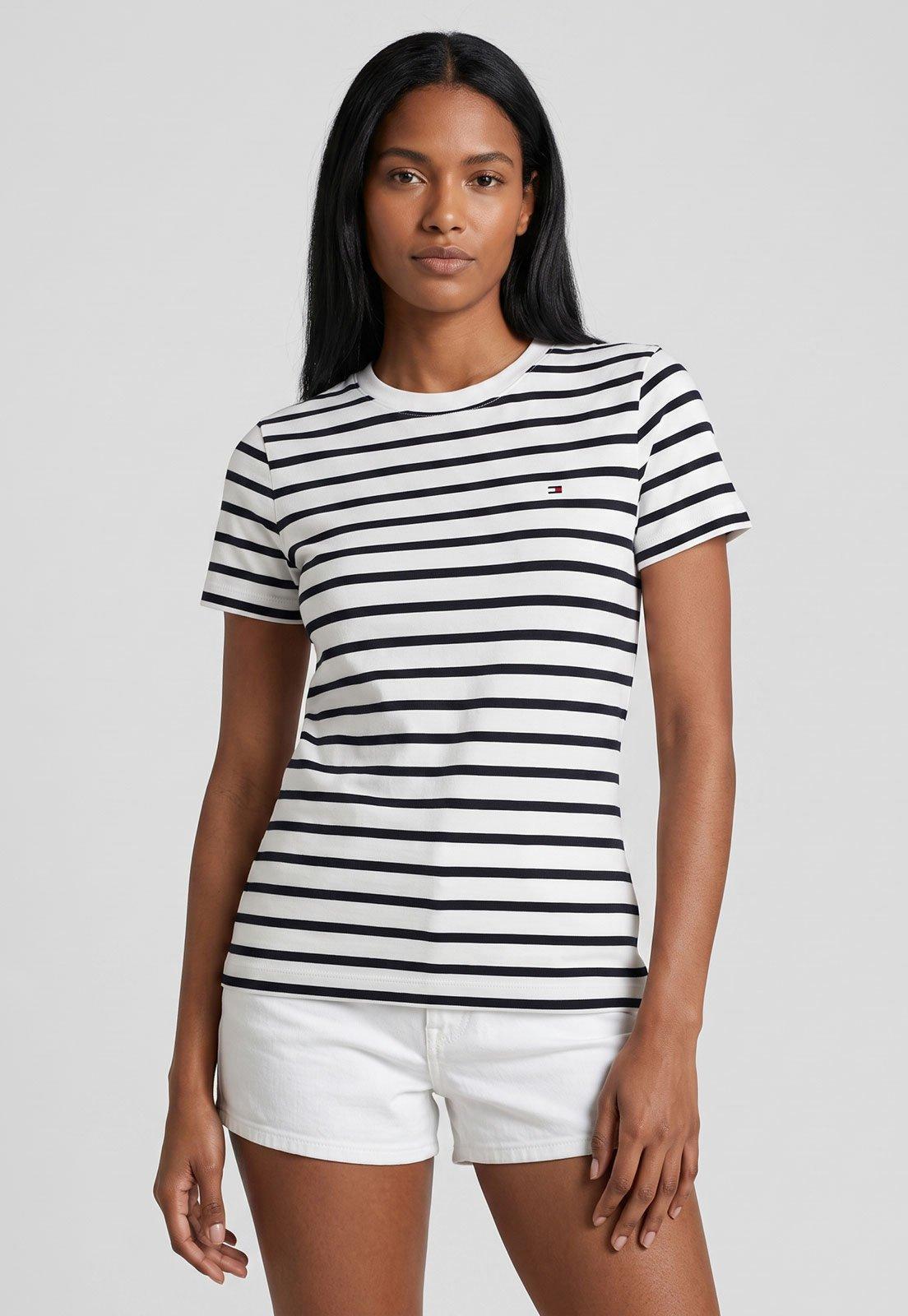 Camiseta Feminina Tommy Hilfiger New Slim Cody Listrada Branca