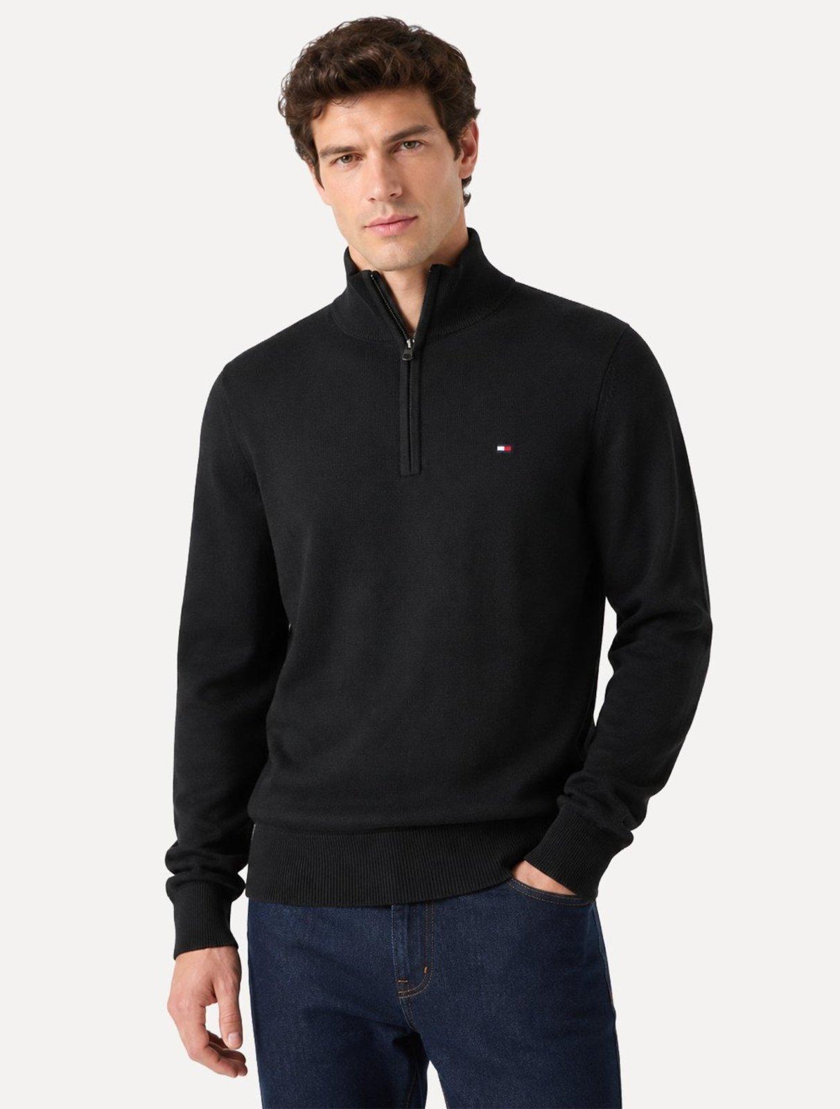 Suéter Tommy Hilfiger Masculino Essential Cotton Half Zip Mock Preta
