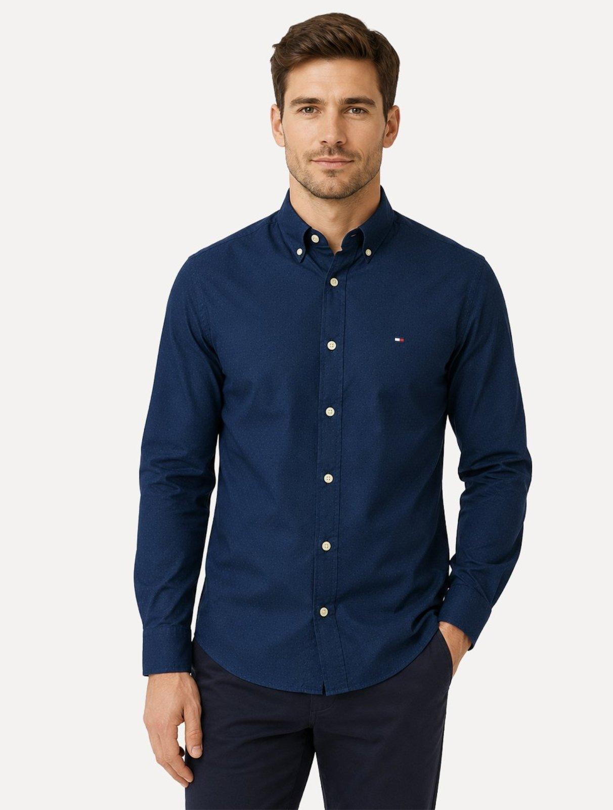 Camisa Tommy Hilfiger Masculina Slim Flex Pop Small Dobby Azul Marinho