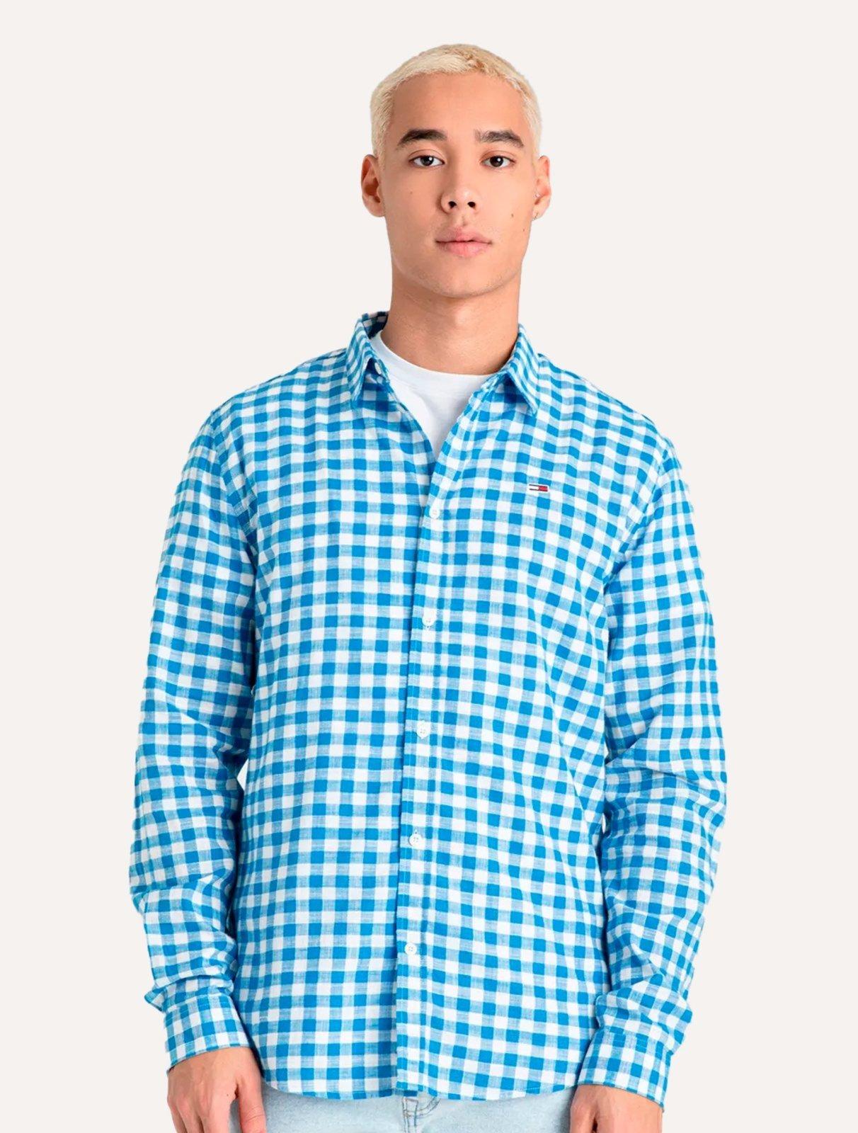Camisa Tommy Jeans Masculina Xadrez Essential Branca/Azul