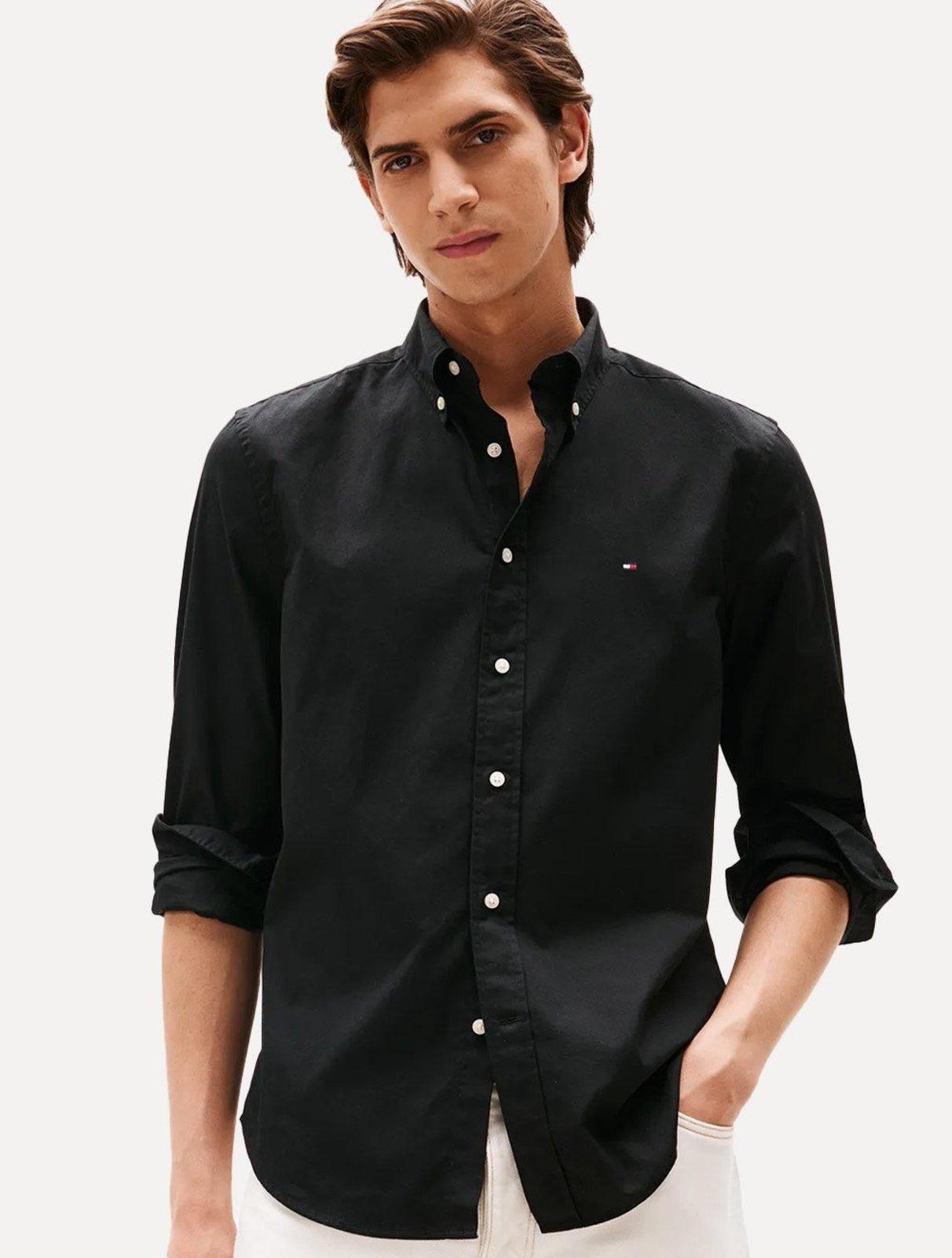 Camisa Tommy Hilfiger Masculina Regular Core THFlex Poplin Preta