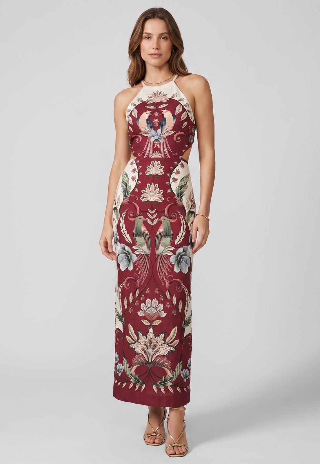 Vestido FARM Estampado Alças Finas Vinho