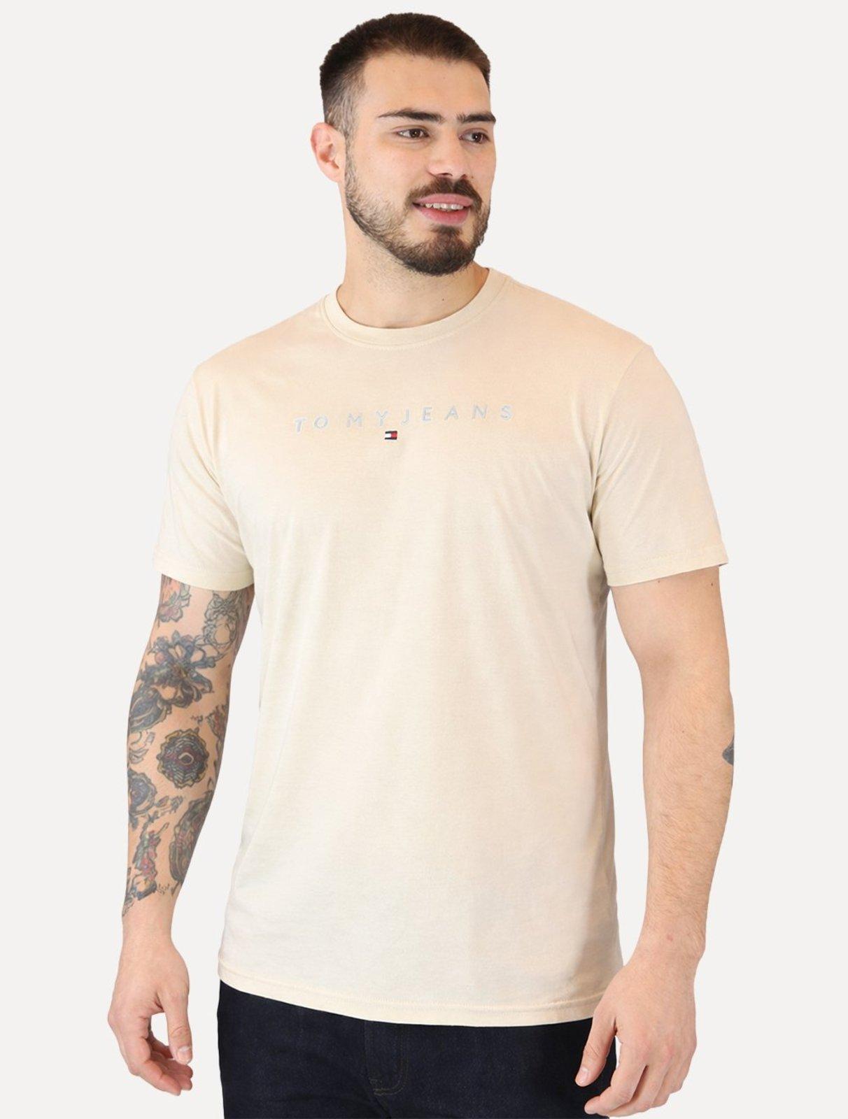 Camiseta Tommy Jeans Masculina Core Linear Logo Tee Cáqui Claro