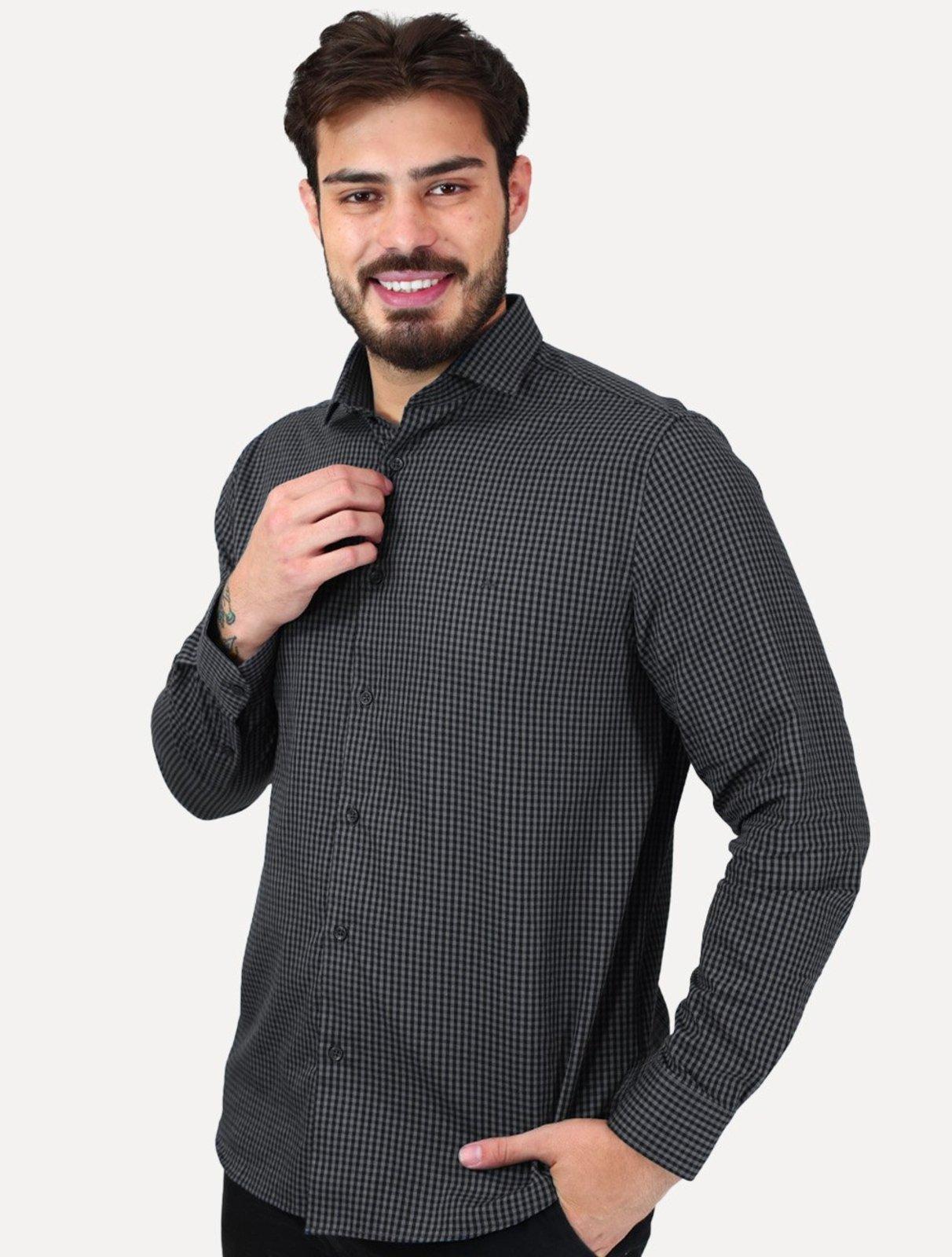 Camisa Aramis Masculina Slim Mini Xadrez Damero Chumbo/Preto