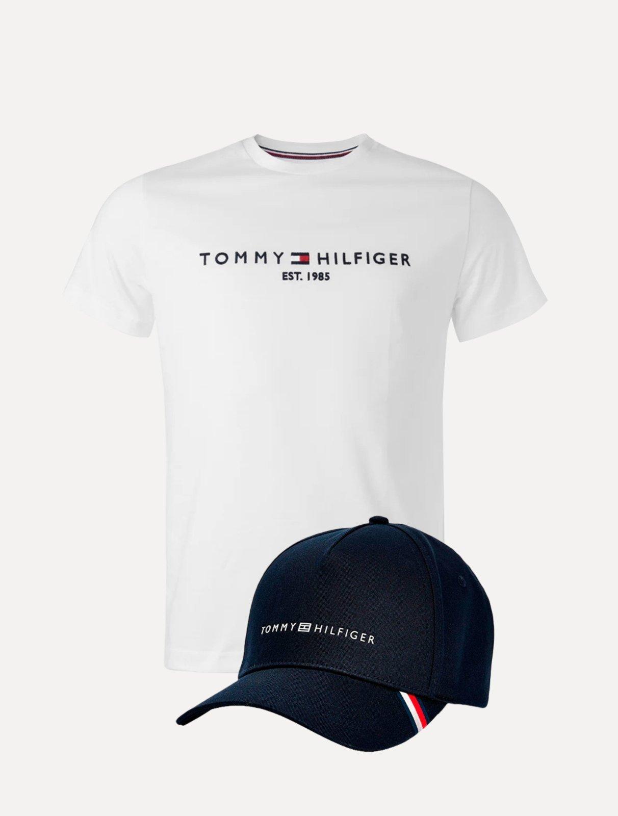 Kit Tommy Hilfiger Camiseta Masculina Core Logo Tee Branca e Boné Uptown Cap Marinho