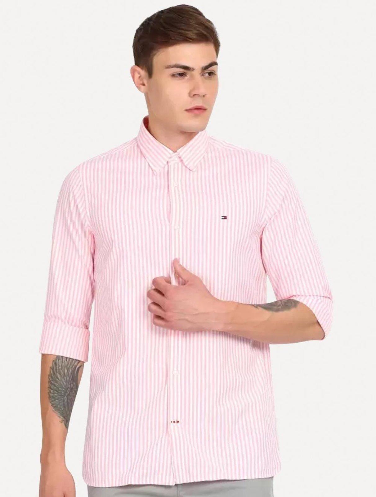 Camisa Tommy Hilfiger Masculina Regular Striped Poplin Rosa Claro