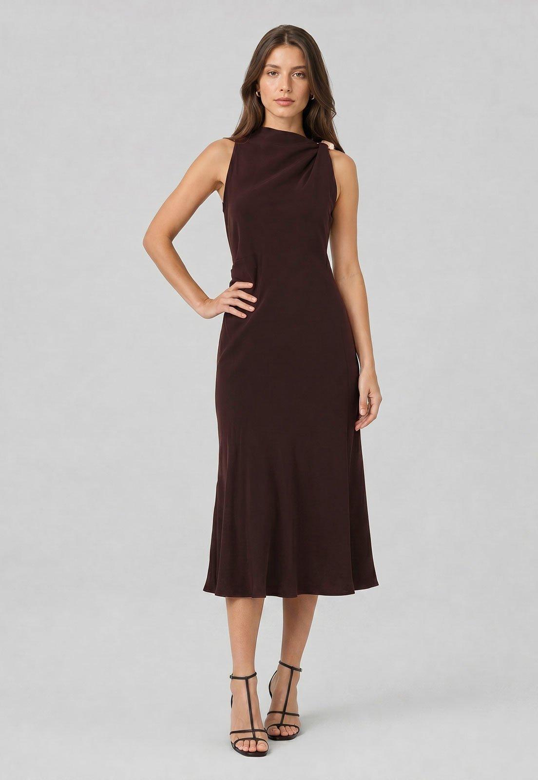 Vestido Feminino Mango Midi Alças Finas Marrom
