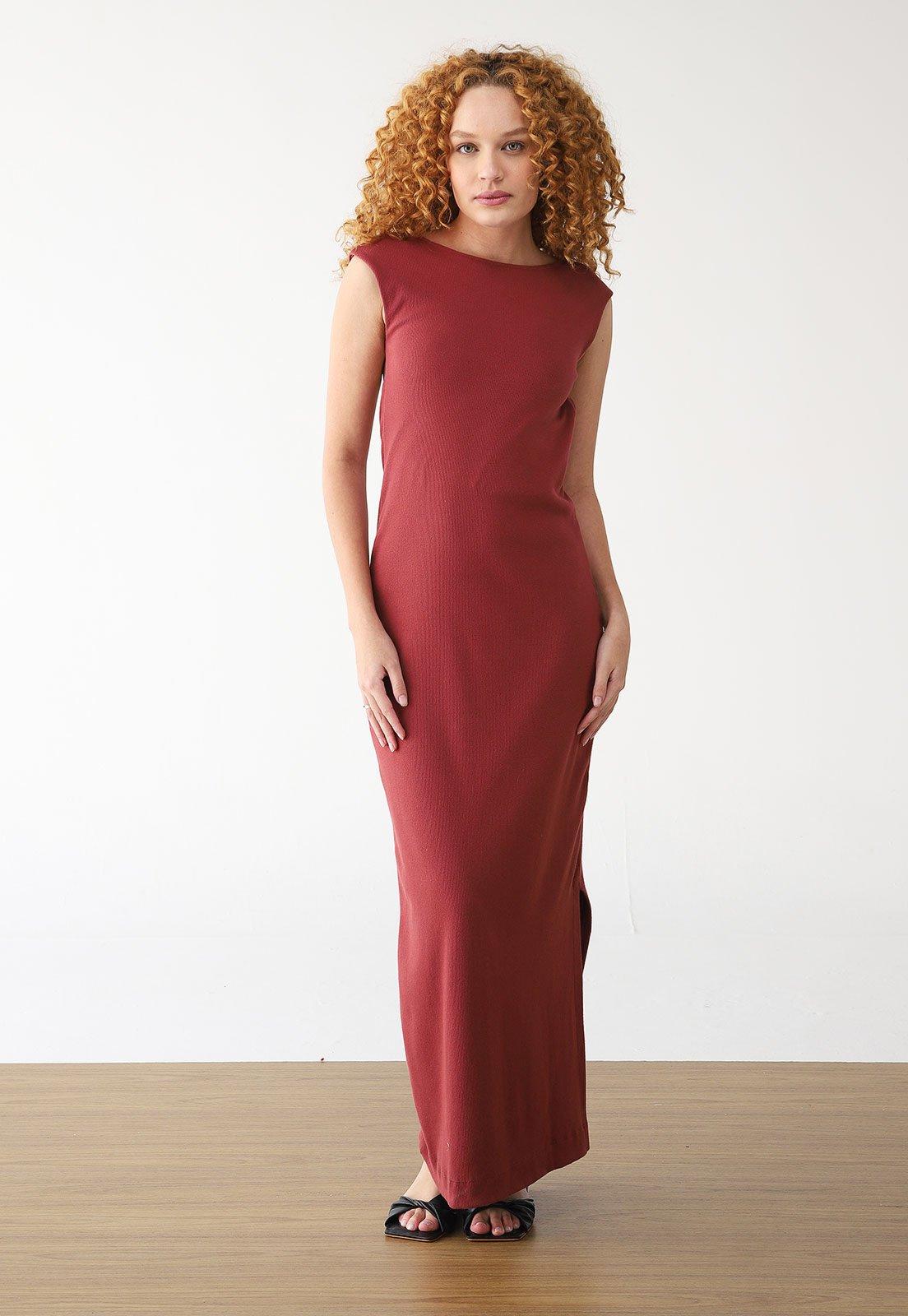 Vestido Canelado FARM Longo Cropped Decote Vermelho