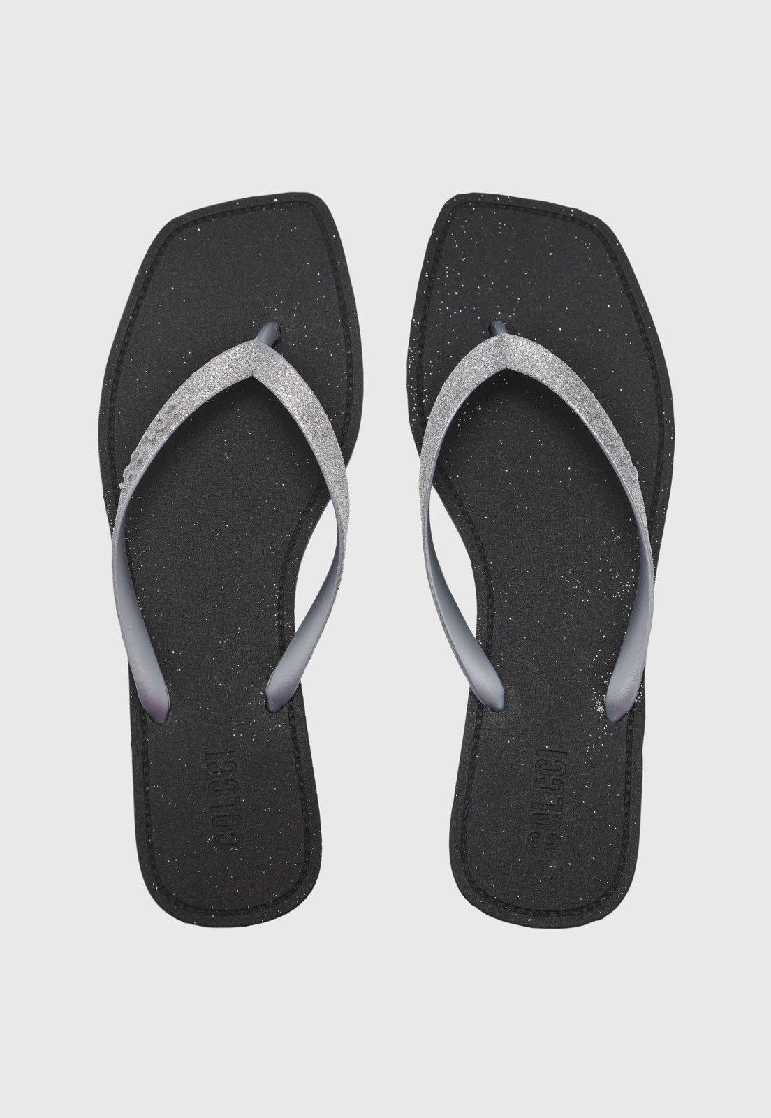 Chinelo Dedo Feminino Colcci Glitter Prateado Preto