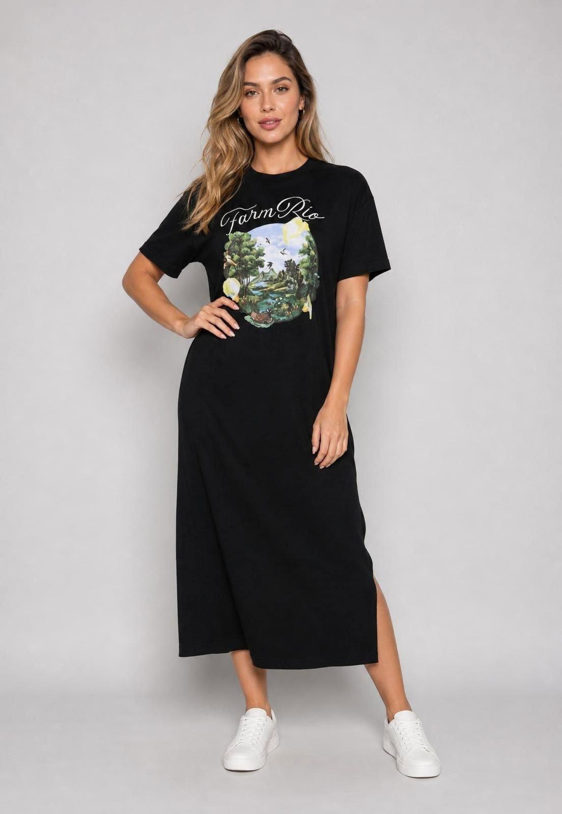 Vestido Feminino FARM Midi Manga Curta Preto