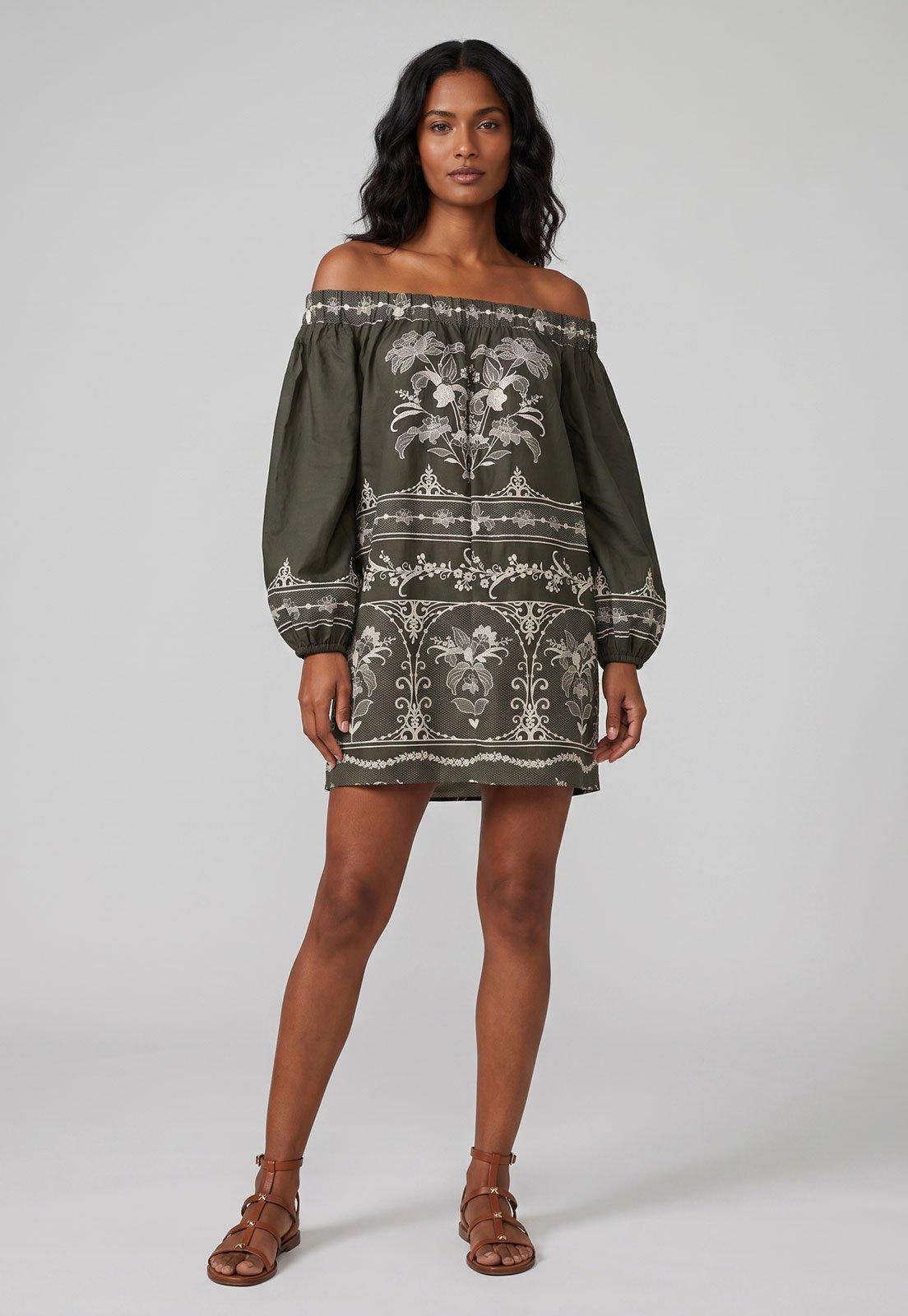 Vestido FARM Decote Ombro a Ombro Bordado Verde