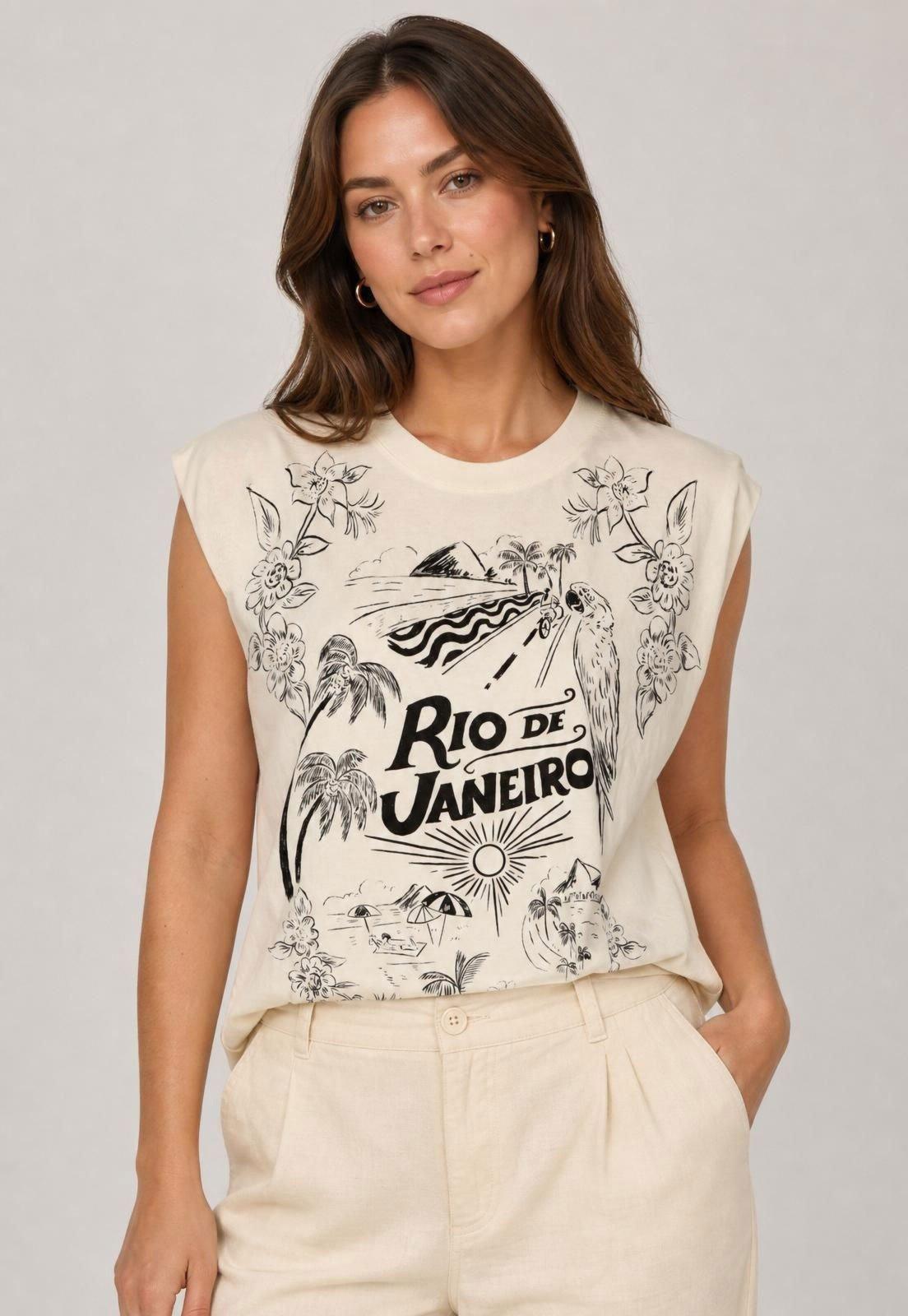 Regata Feminina FARM Estampa Rio de Janeiro Off-white