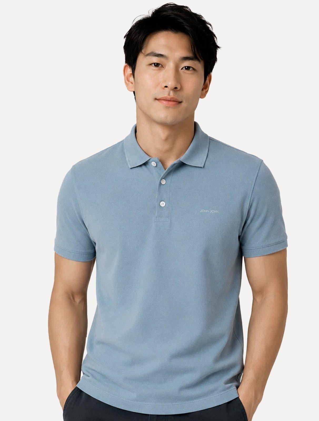 Polo John John Masculina Silm Fit New Simple Light Button Azul Médio