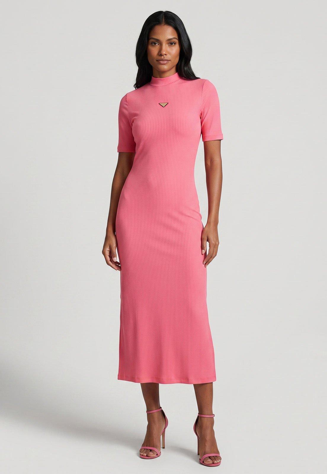 Vestido Feminino Colcci Canelado Manga Curta Rosa