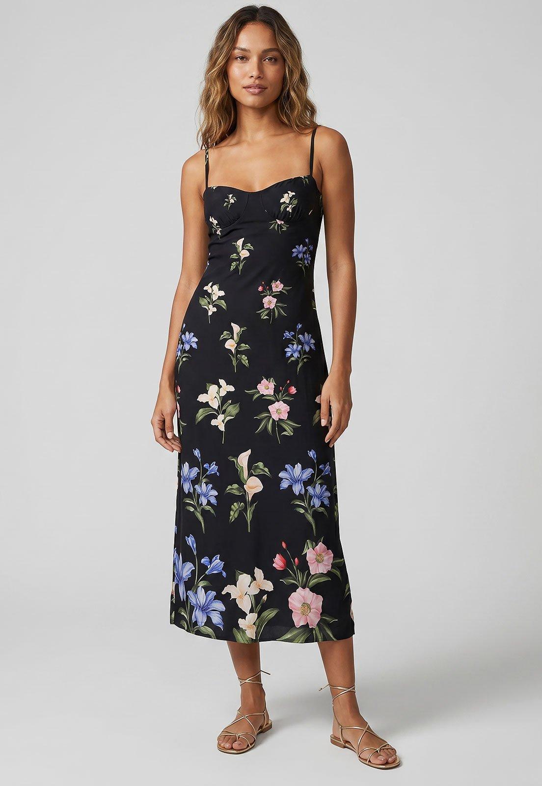Vestido Feminino FARM Estampa Floral Preto