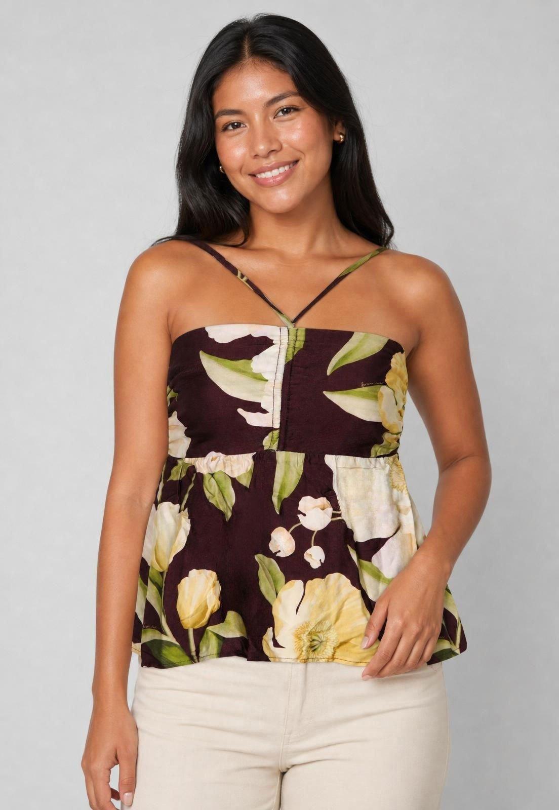 Blusa Feminina FARM Alças Finas Estampa Floral Vinho