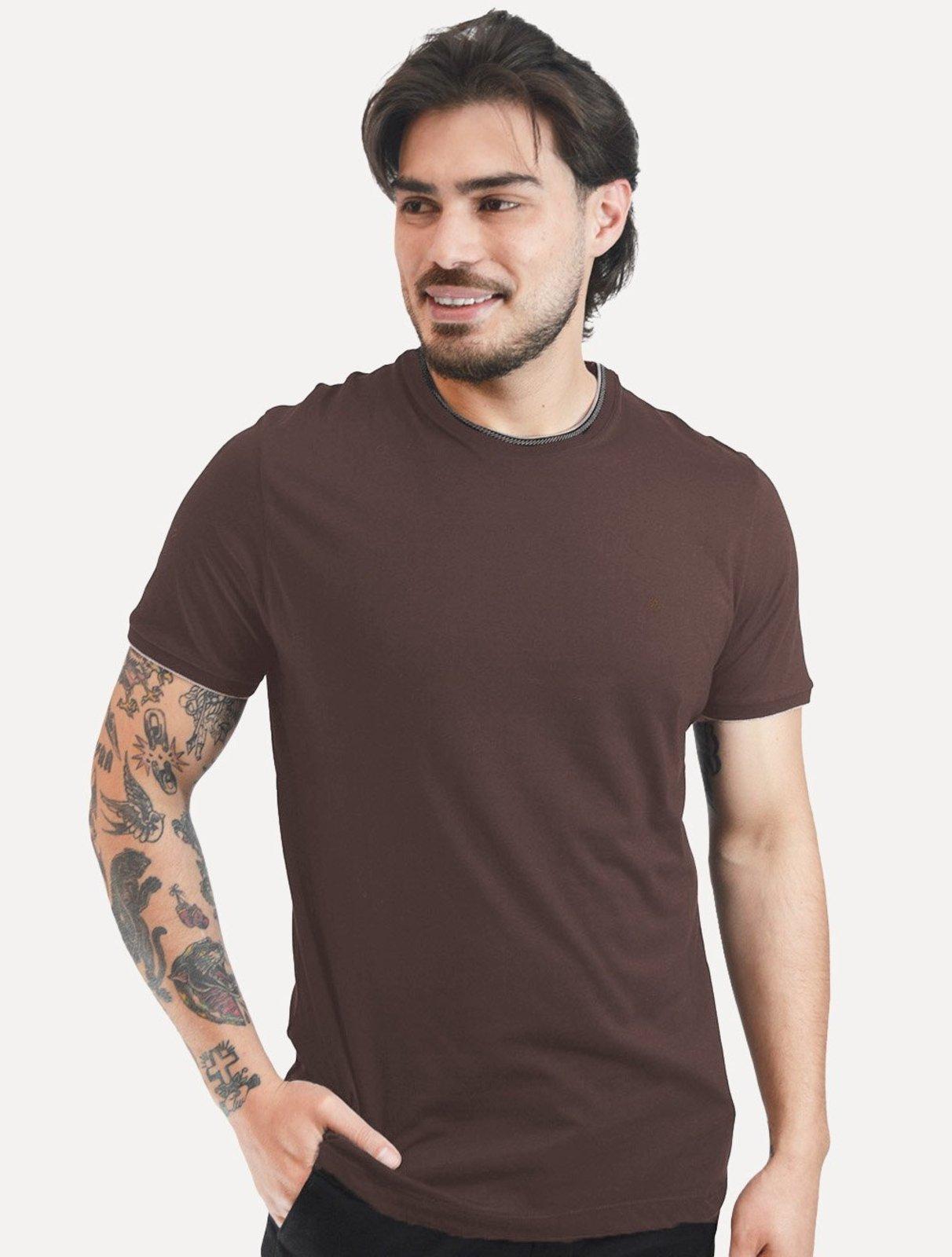 Camiseta Aramis Masculina Grey Friso Gola Mono Logo Marrom Escuro