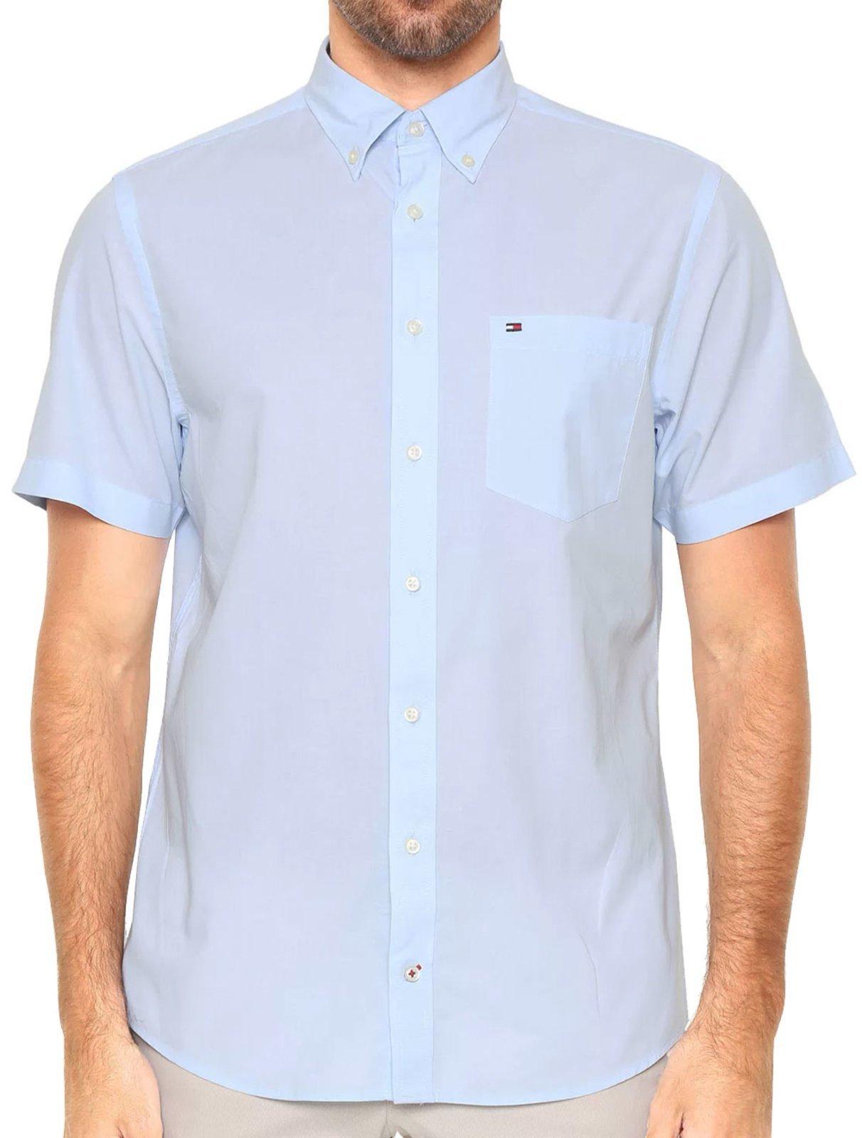 Camisa Tommy Hilfiger Masculina Manga Curta Regular Classic Poplin Azul Claro