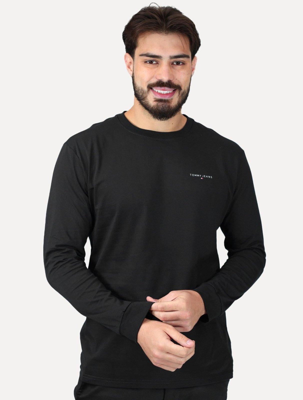 Camiseta Tommy Jeans Masculina Slim Manga Longa Linear Chest Preto