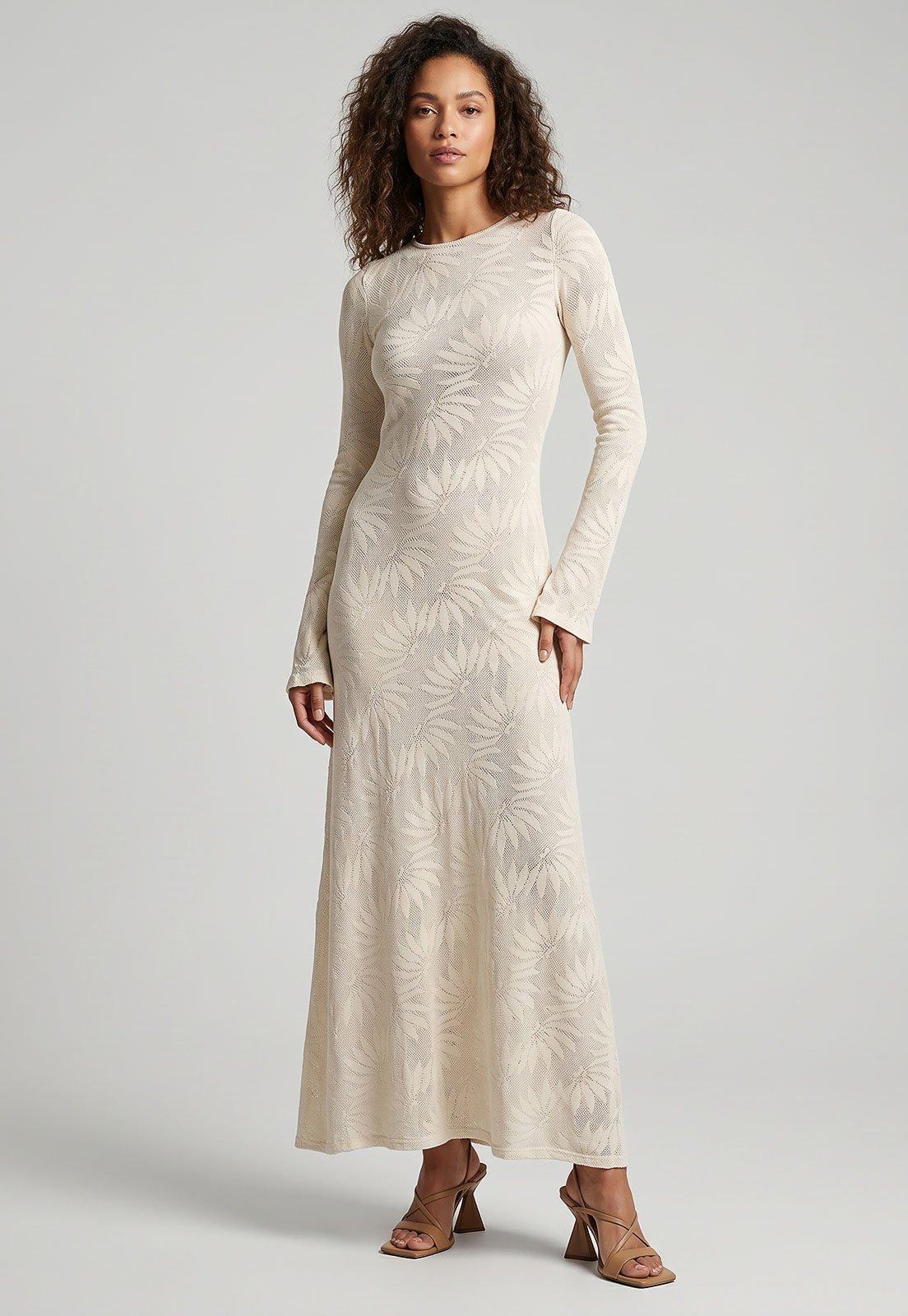 Vestido Feminino FARM Longo Folhas Off-White