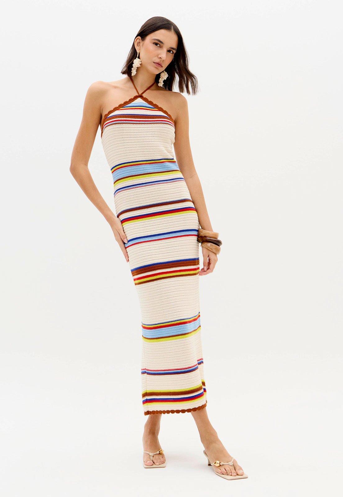 Vestido Feminino Lança Perfume Tricot Frente Única Listrado Midi Bege