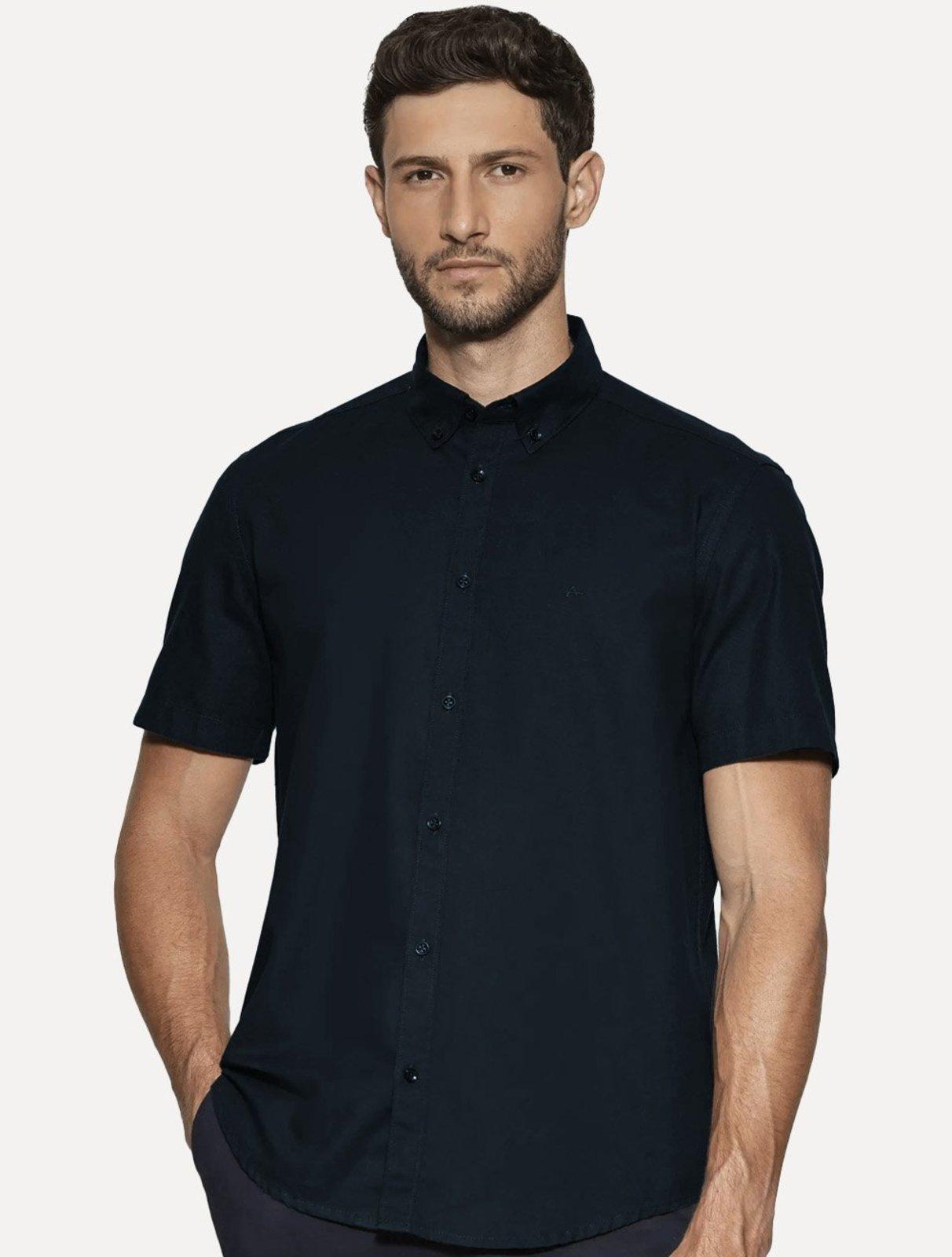 Camisa Aramis Masculina Manga Curta Slim Oxford Planalto Azul Escuro