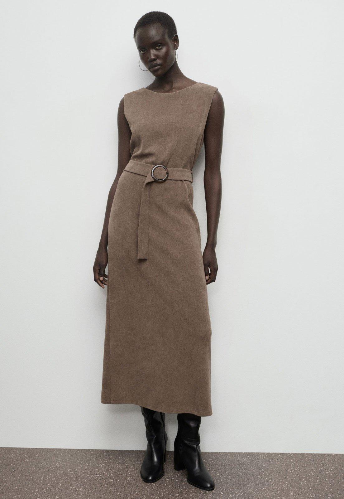 Vestido Mango Lydia Longo Cinto Marrom