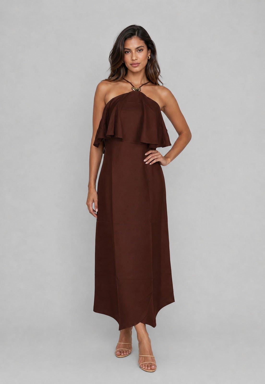 Vestido Feminino Colcci Babado Longo Marrom