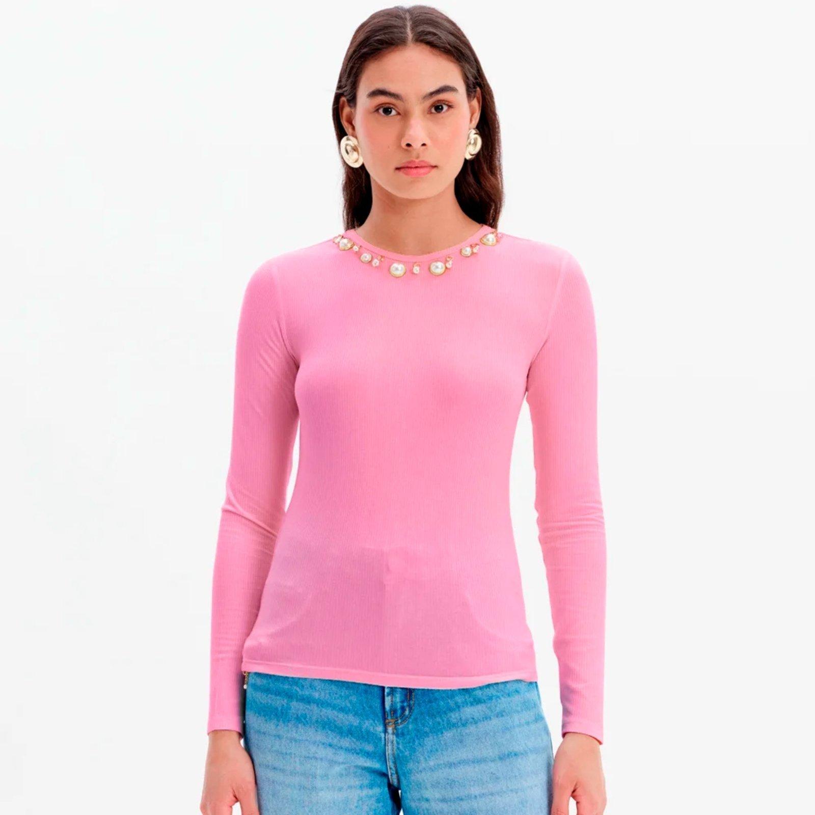 Blusa Canelada Lança Perfume Manga Longa Ou25 Rosa Feminino