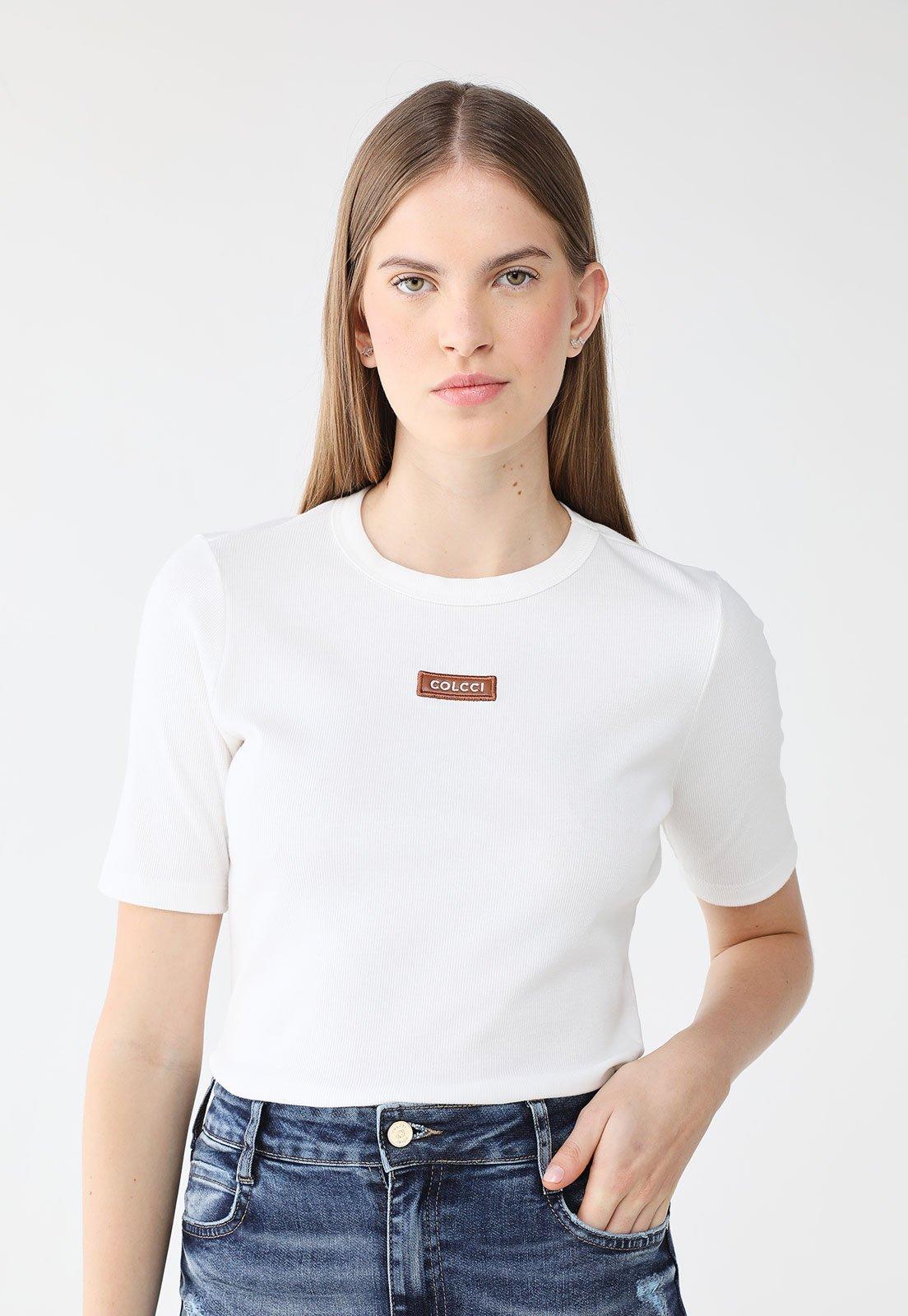 Blusa Canelada Colcci Slim Logo Branca