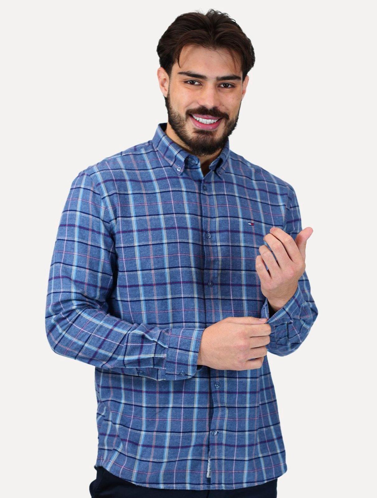Camisa Tommy Jeans Masculina Regular Xadrez Flannel Check Azul Médio