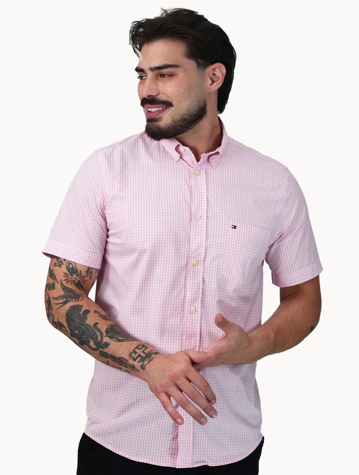 Camisa Tommy Hilfiger Masculina Manga Curta Pocket Gingham Rosa Médio