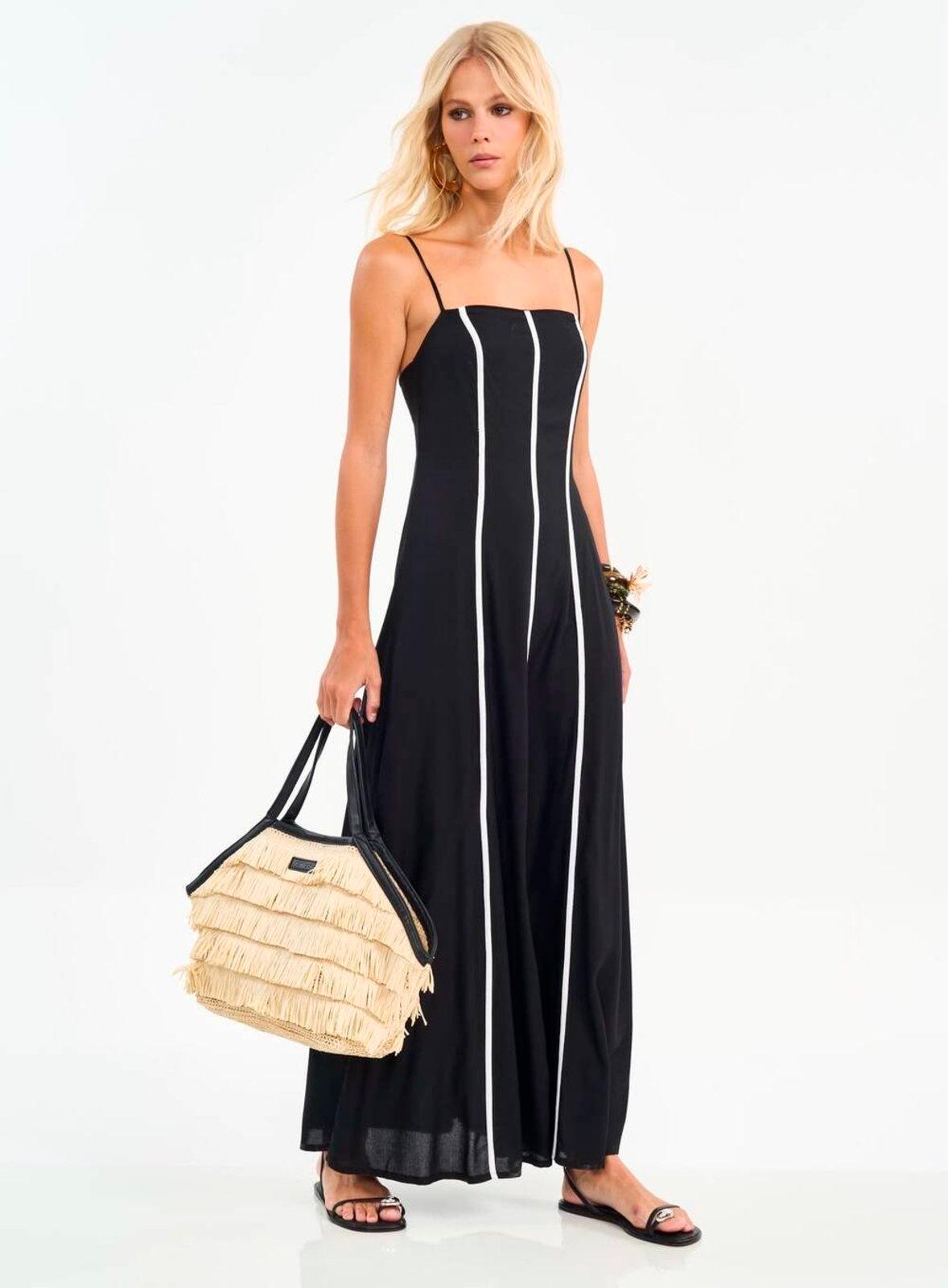 Vestido Longo com Listras e Alças Finas Colcci Preto