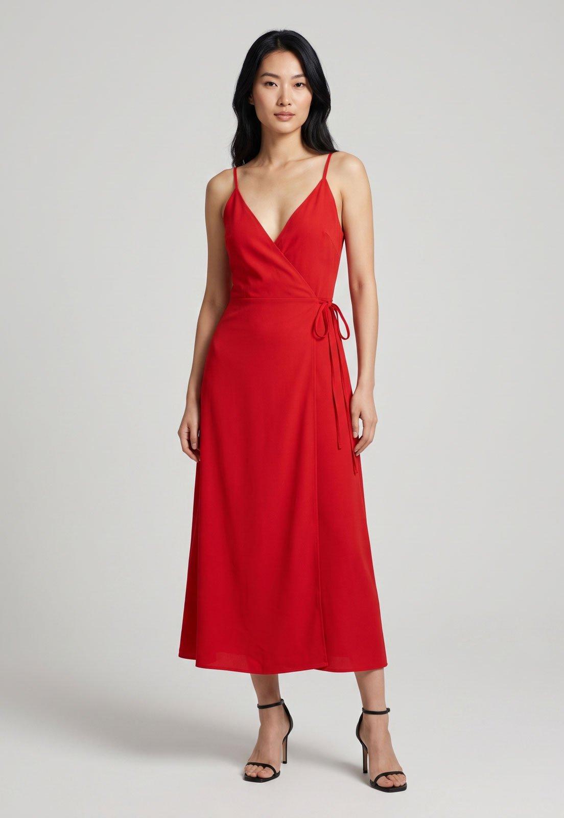 Vestido Feminino FARM Alças Finas Midi Vermelho