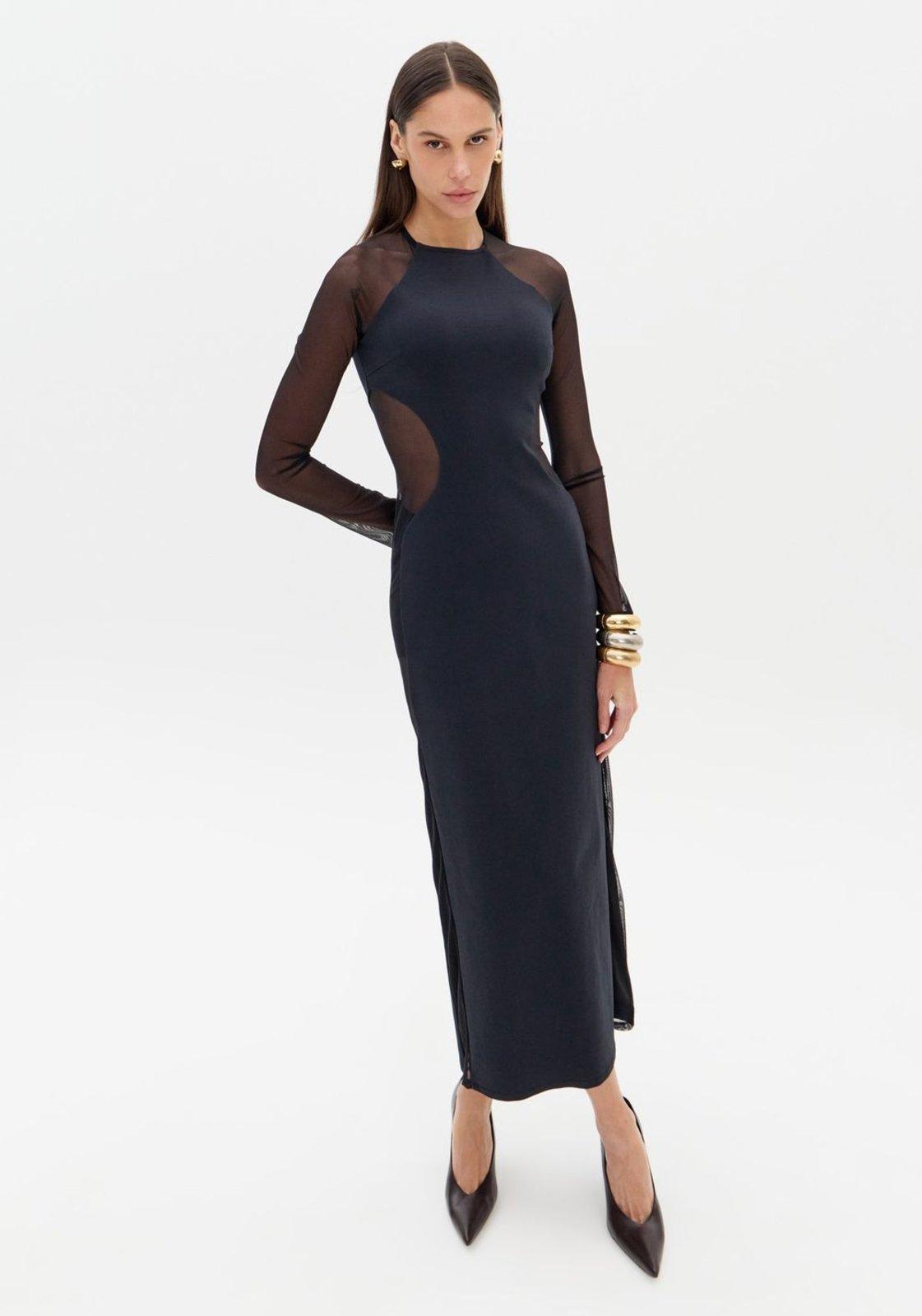 Vestido Super Midi Manga Longa Com Tule Lança Perfume