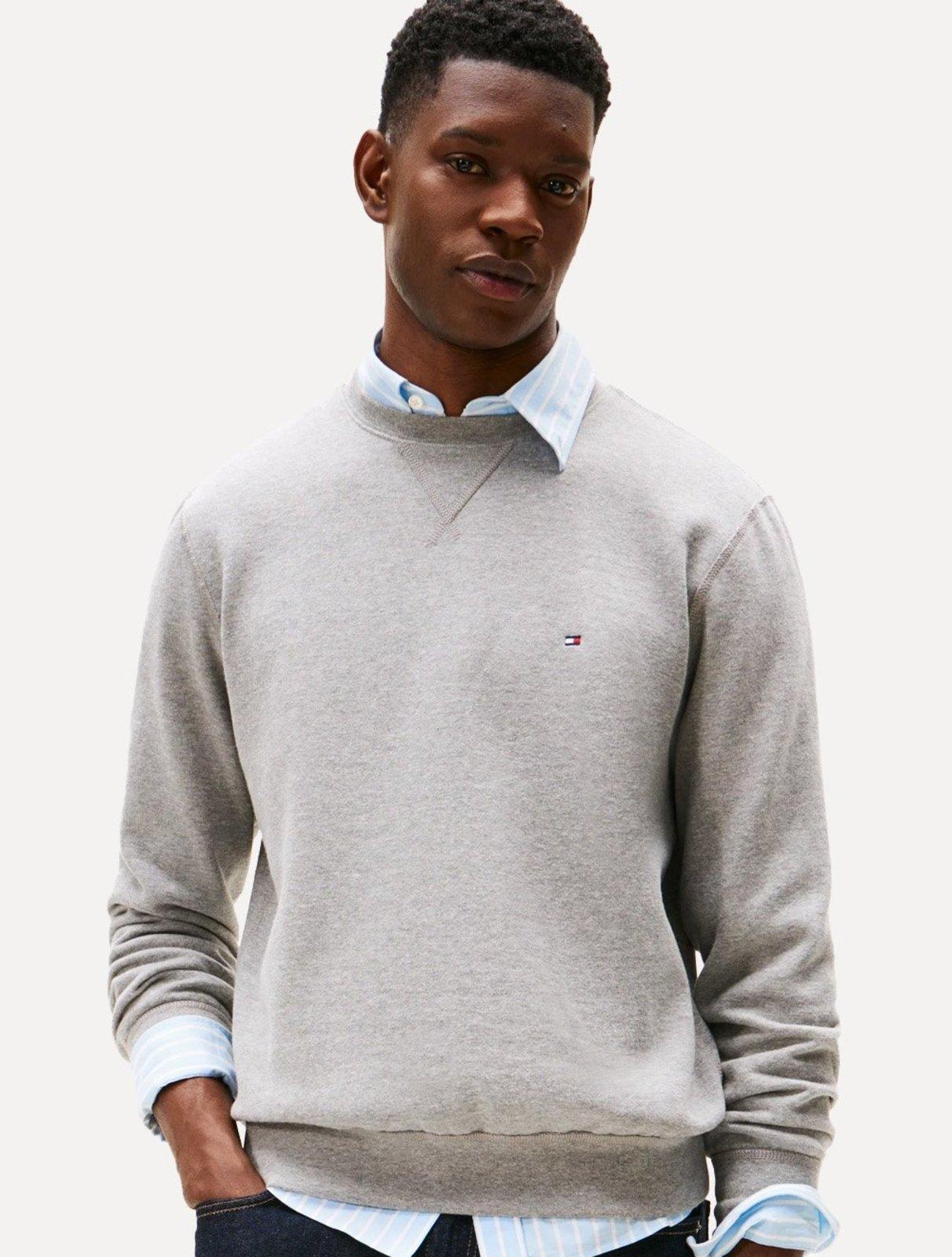 Moletom Tommy Hilfiger Masculino Essential Fleece Crewneck Flag Cinza