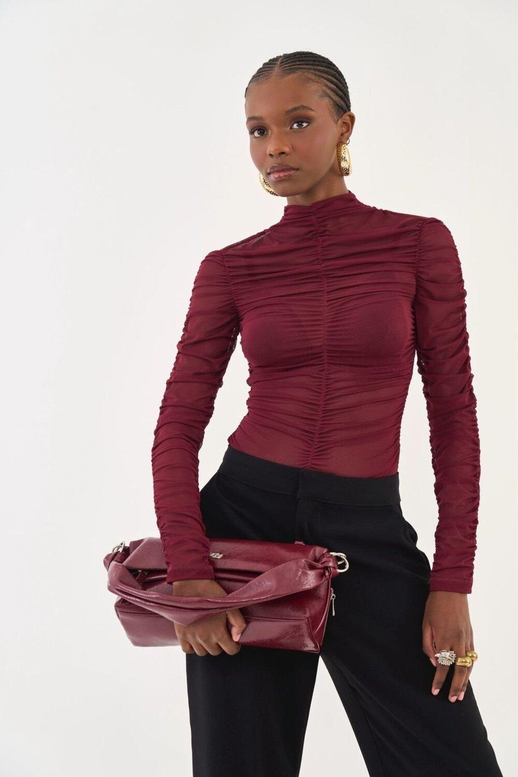 Blusa Slim Manga Longa Com Franzido Colcci Bordo Bloodstone
