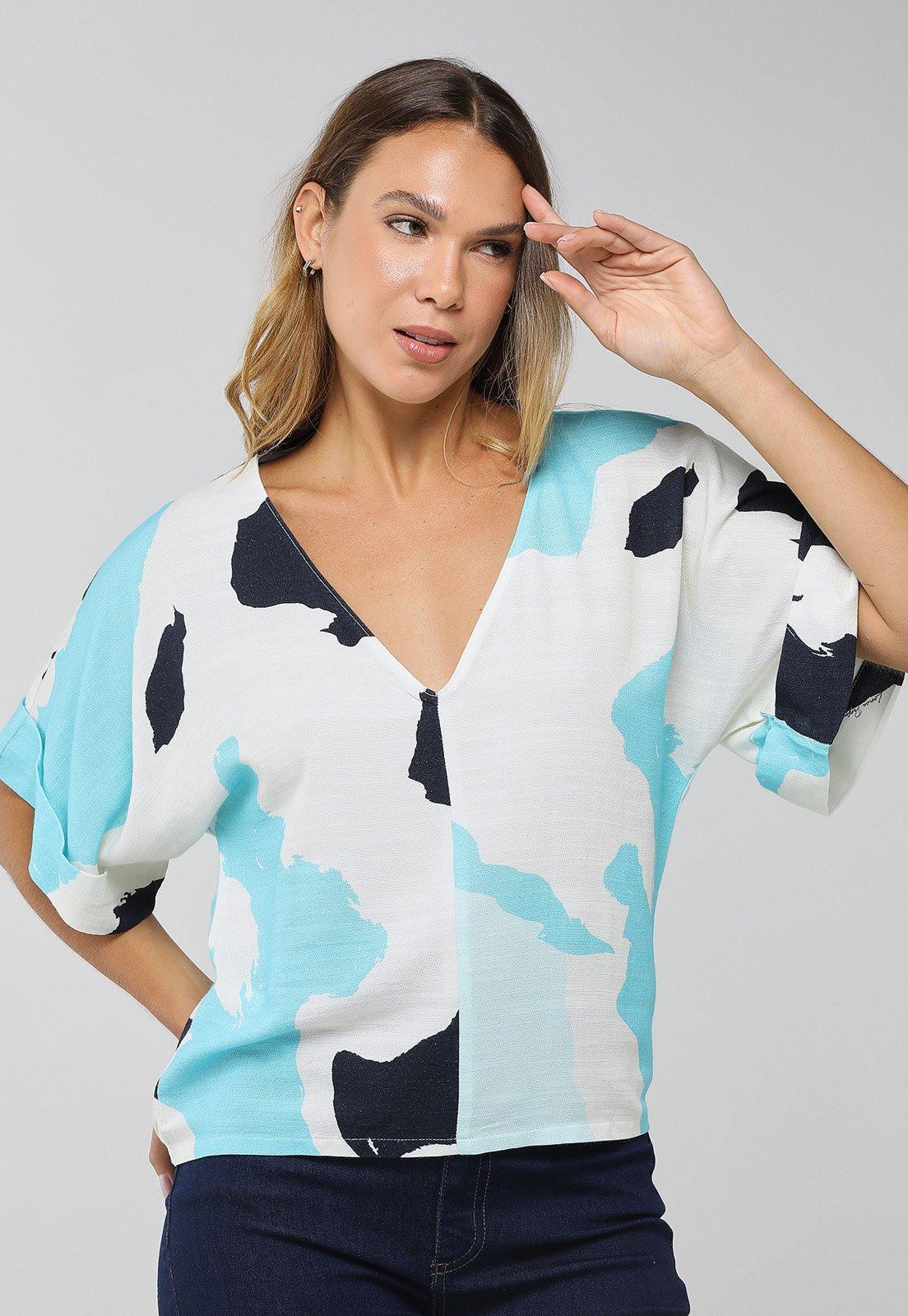 Blusa Feminina Lança Perfume Estampada Decote V Azul e Branca e Preta