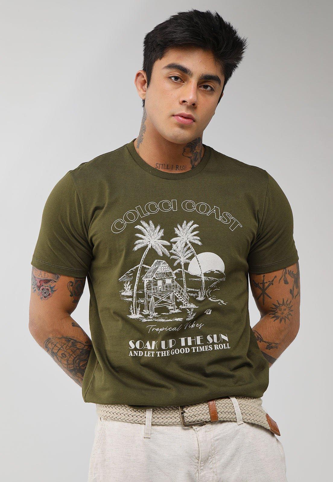 Camiseta Masculina Colcci Estampa Tropical Verde Militar