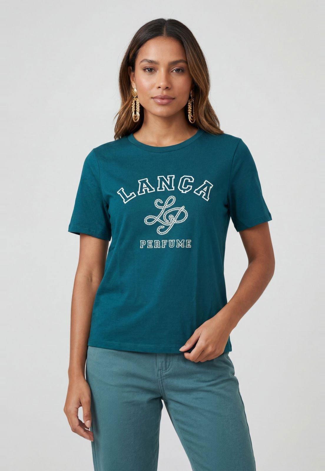 Camiseta Feminina Lança Perfume Estampa Frontal Azul