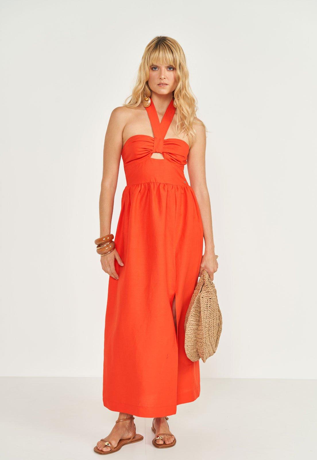 Vestido Feminino Colcci Linho Midi Laranja