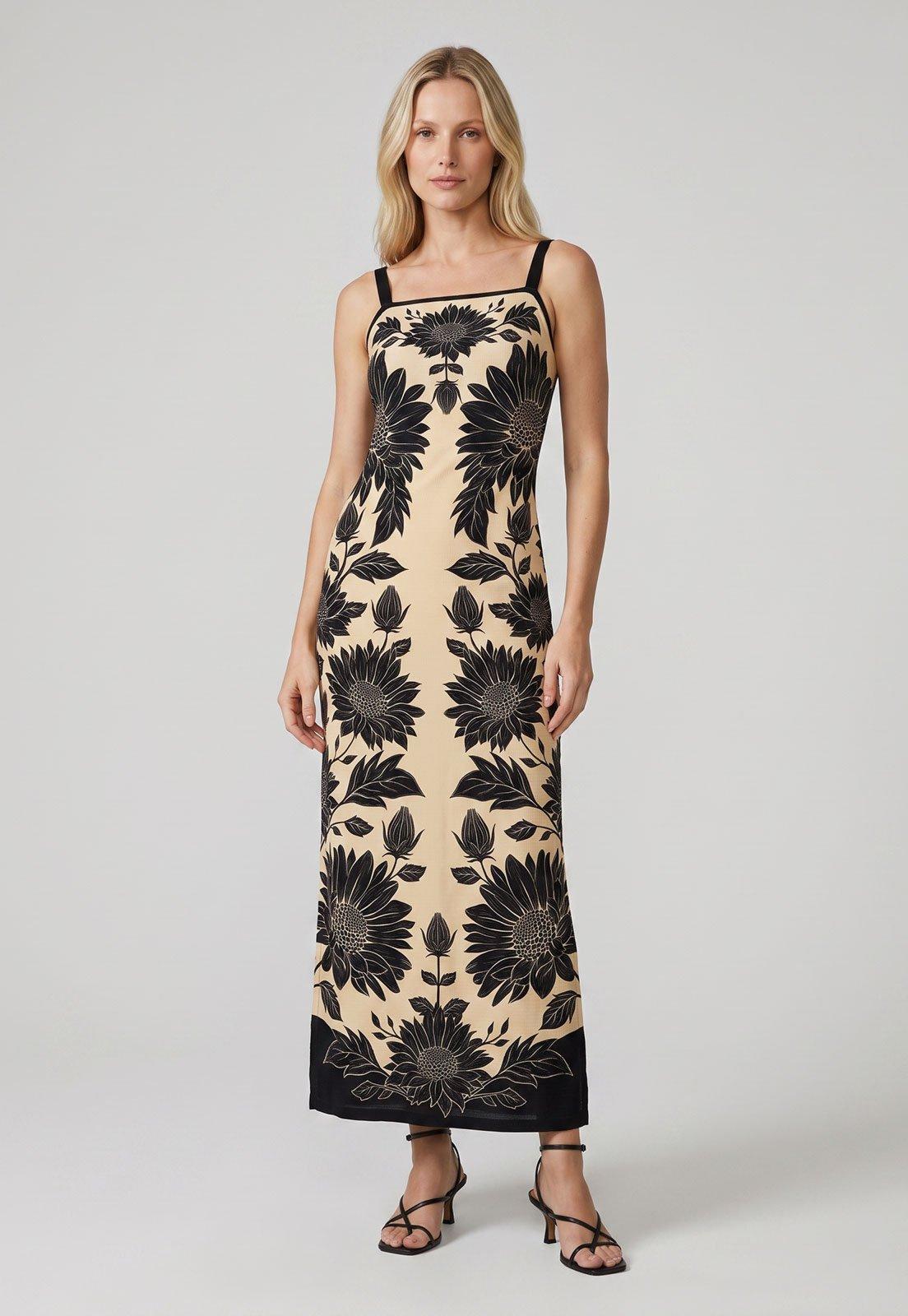 Vestido Feminino FARM Longo Estampa Floral Bege