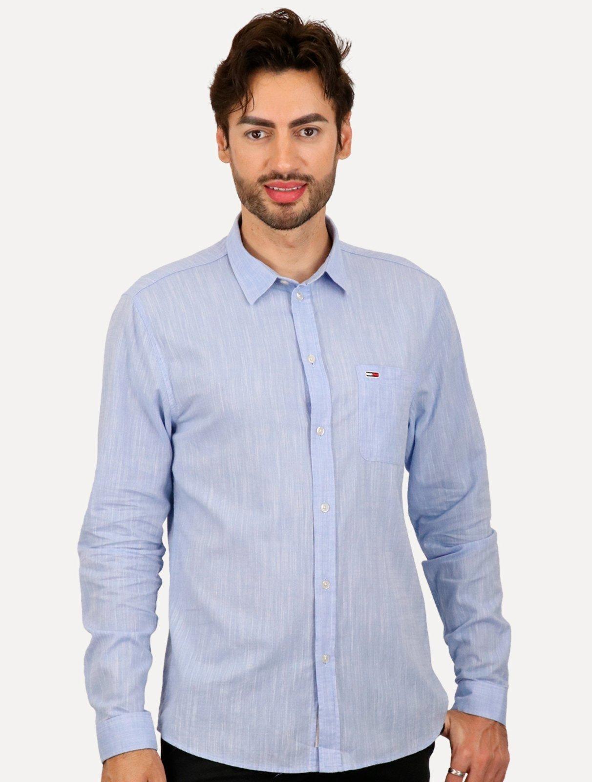 Camisa Tommy Jeans Masculina Regular Linen Blend Pocket Azul Mescla