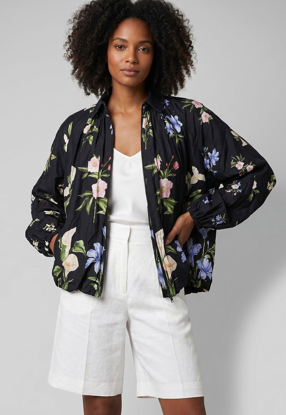 Jaqueta Feminina FARM Floral Zíper Preta