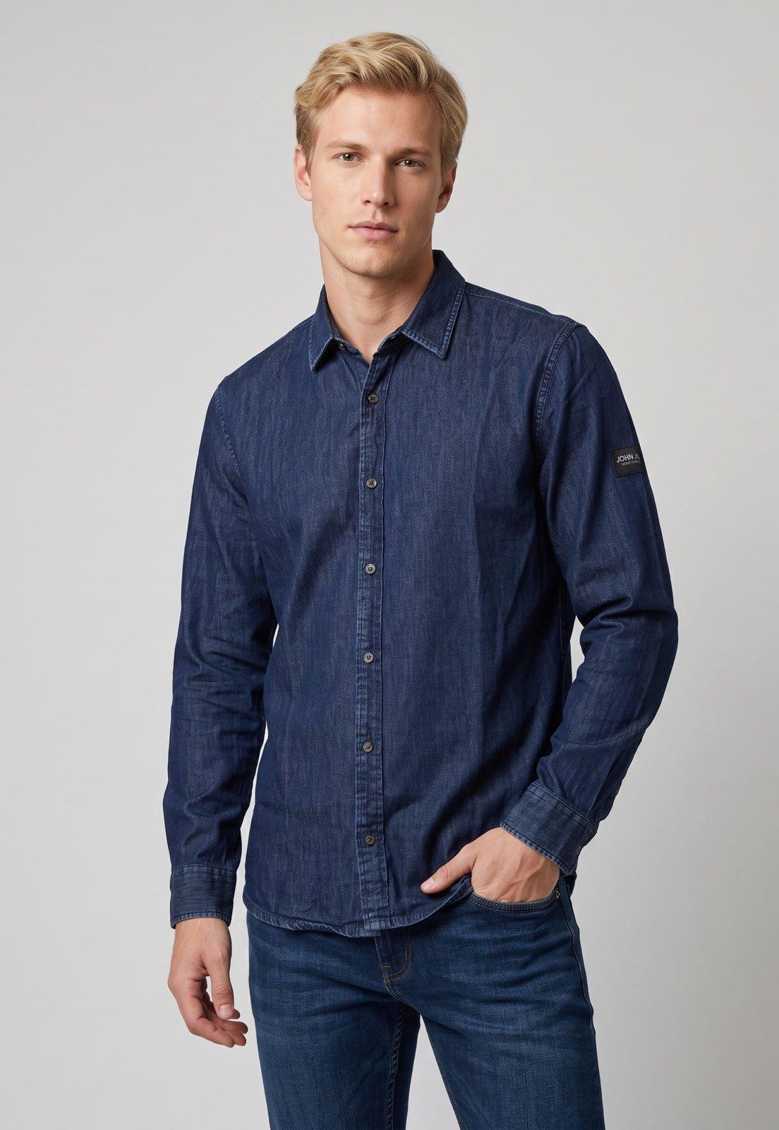 Camisa Masculina John John Jeans Manga Longa Azul
