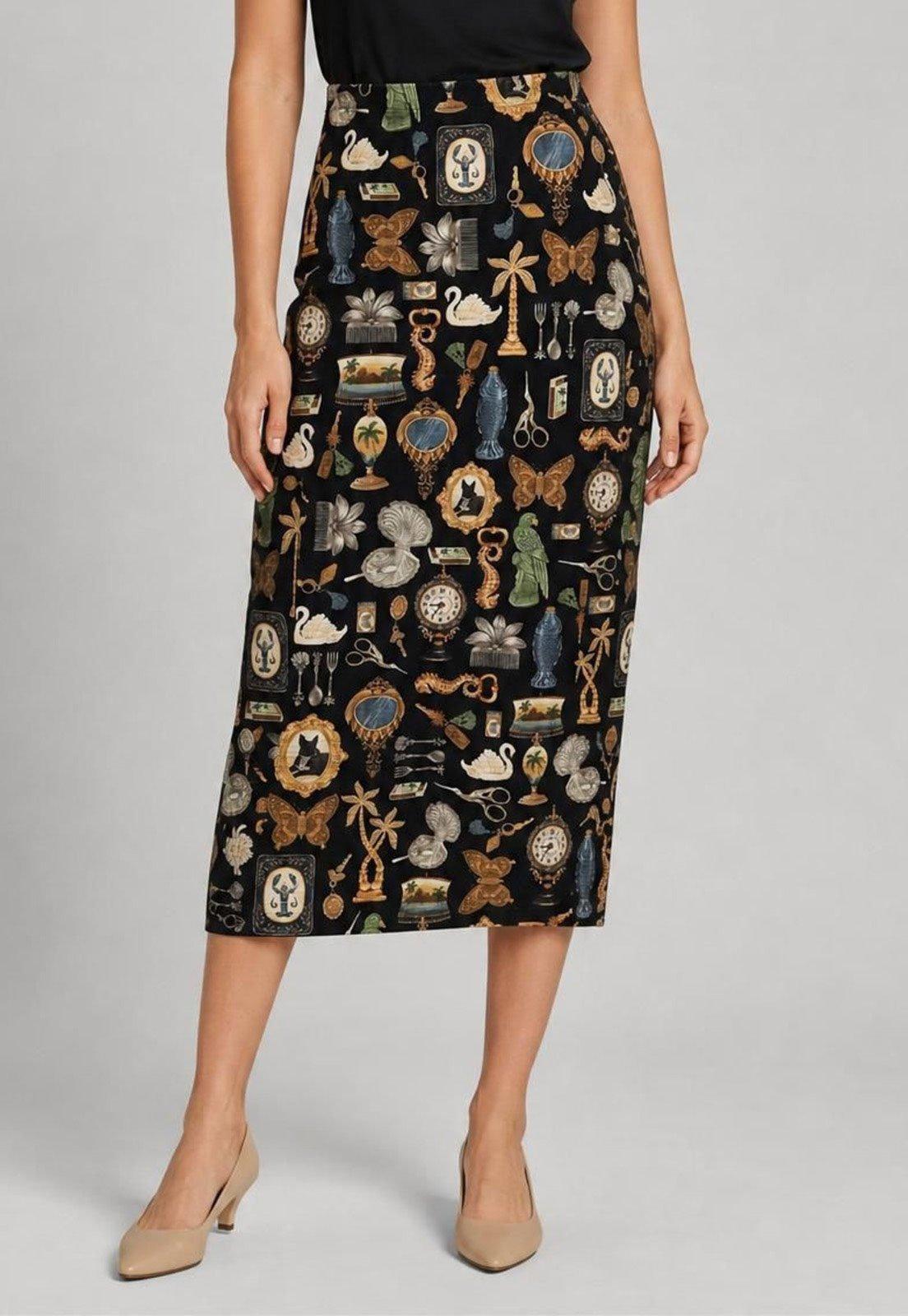 Saia Feminina FARM Midi Estampada Preta