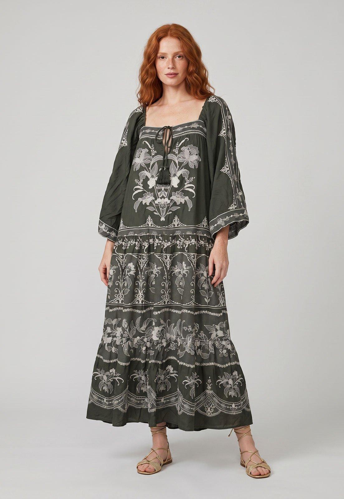 Vestido Feminino FARM Midi Decote Quadrado Verde