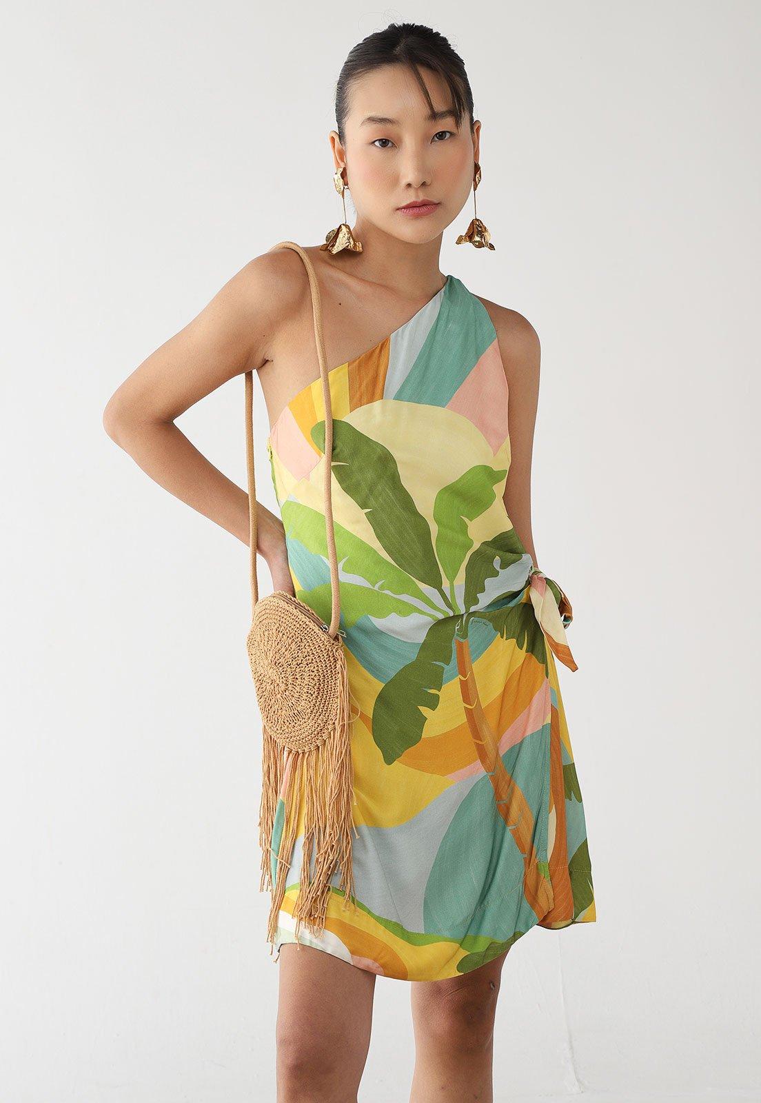 Vestido Feminino FARM Um Ombro Só Estampa Tropical Verde